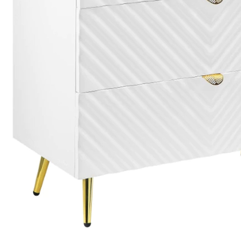Benzara BM275525 Wood Tall Dresser Chest, Wavy Design, Gold Metal Legs, White