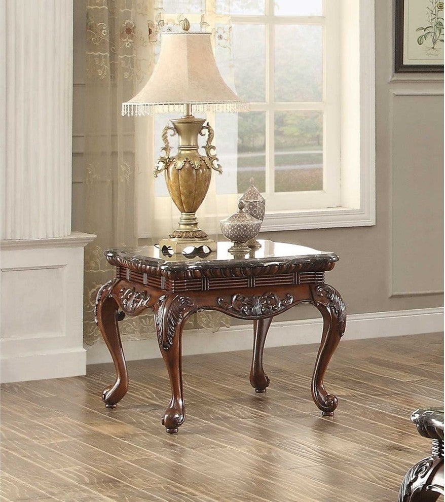 Traditional Style Engraved End Table With Marble Top, Dark Cherry Brown