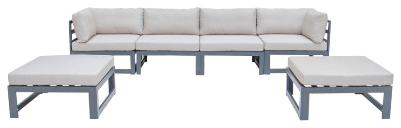 LeisureMod Chelsea 6-Piece Patio Ottoman Sectional Black Aluminum, Beige
