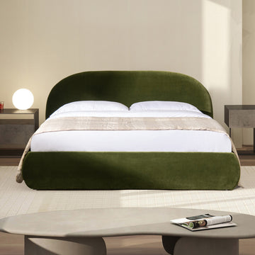Archie Mid-Century Modern Arched Headboard Platform Bed, Olive Green Performance Velvet, Queen