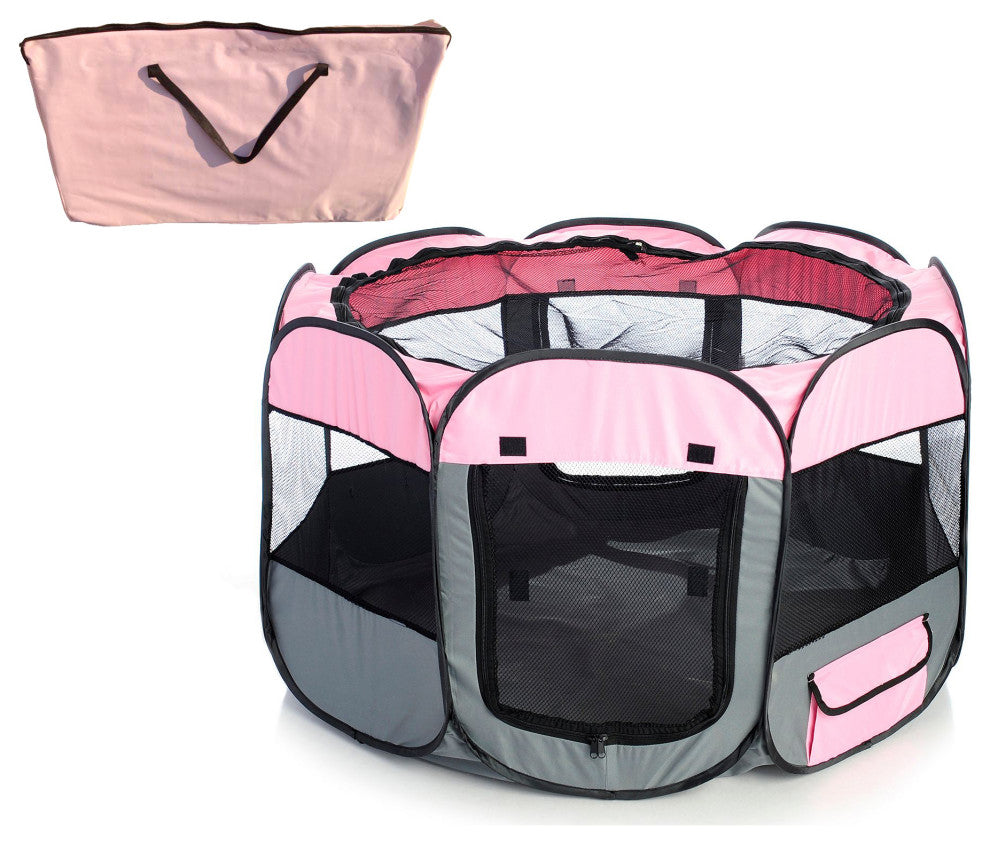 All-Terrain Lightweight Collapsible Pet Playpen, Pink/Gray, Large