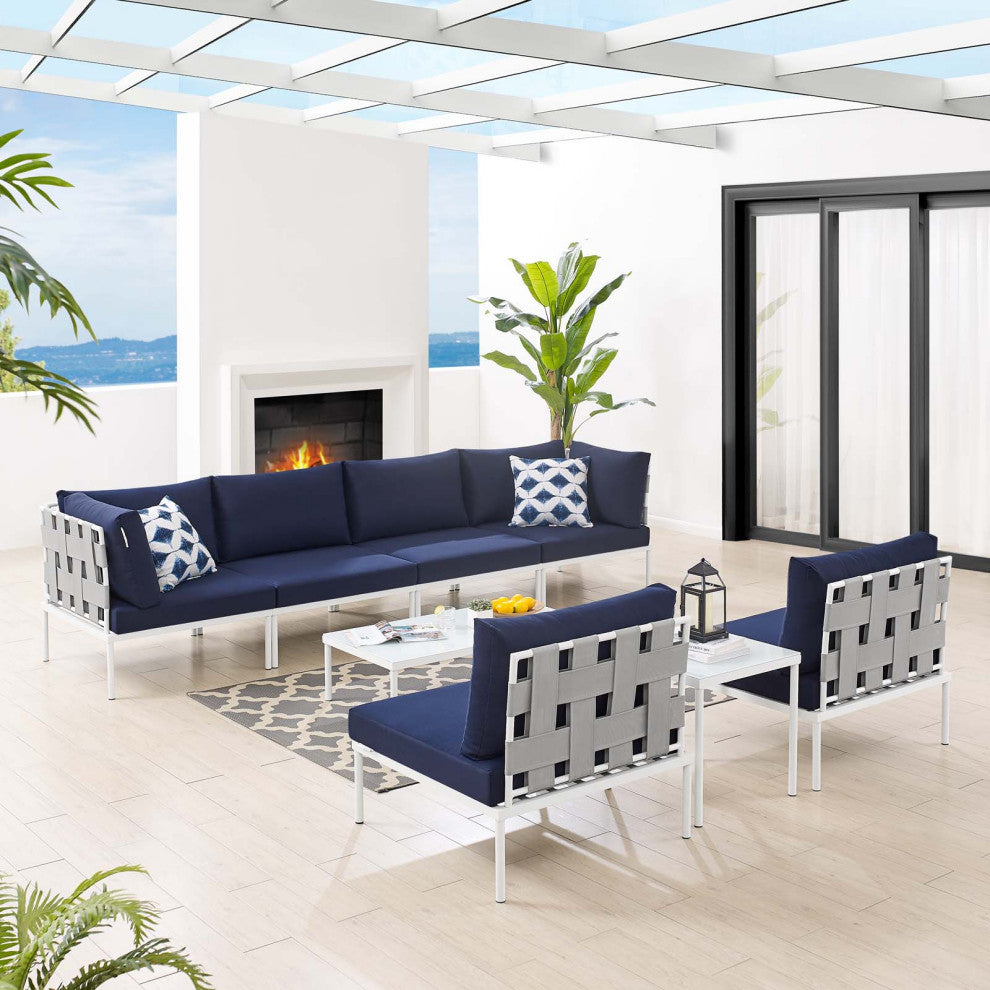 Sectional Sofa Chair Table Set, Sunbrella, Aluminum, Gray Blue Navy, Outdoor