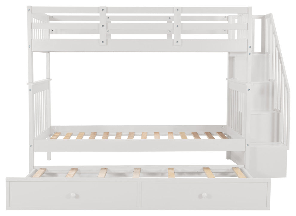 Gewnee Wood Twin-Over-Twin Bunk Bed with Trundle and Stairway in White