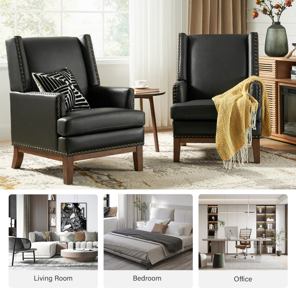 30"W Mid-Century Style Genuine Leather Armchair With Solid Wood Frame, Black