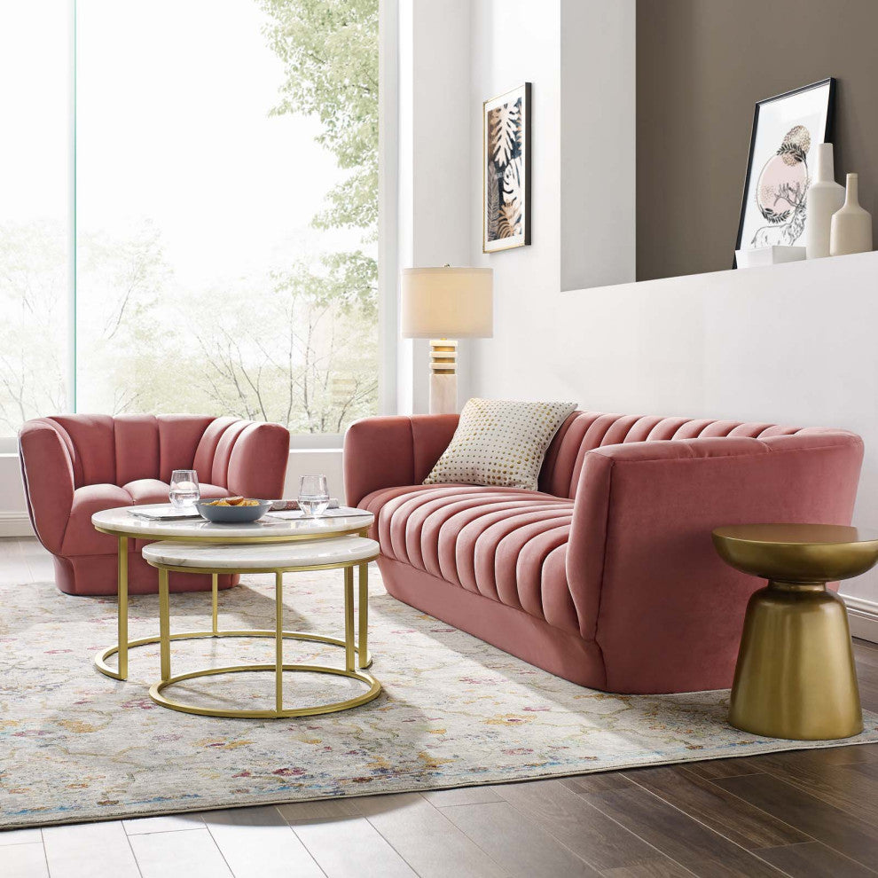 Tufted Armchair and Sofa Set, Velvet, Pink, Modern, Living Lounge Hospitality