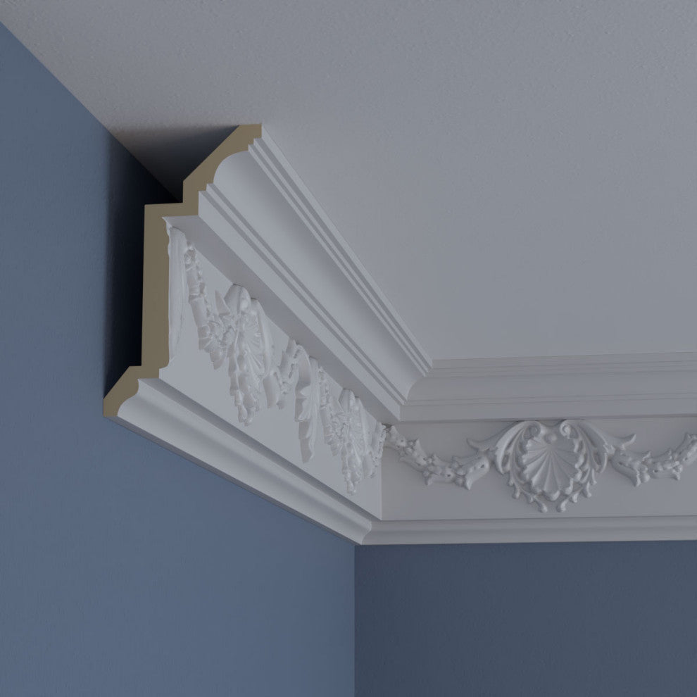 6 1/4"Hx3 3/8"Px7"Fx96 1/8"L, 16" Repeat, Shell Crown Moulding