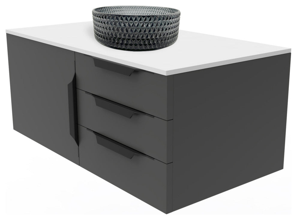 Wildsee Floating Vanity Set, Tempered Clear Glass Sink, Light Black, 36", Black