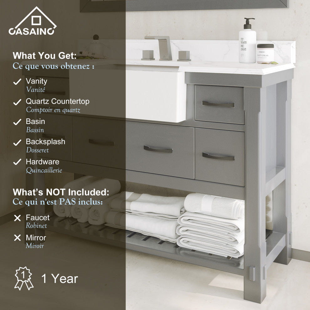 Freestanding Bath Vanity in Gray with White Quartz Top, 48in
