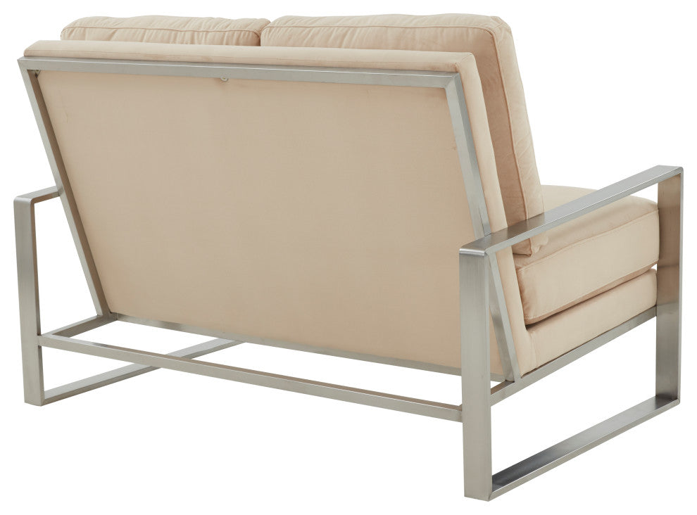 LeisureMod Jefferson Modern Design Velvet Loveseat With Silver Frame, Beige