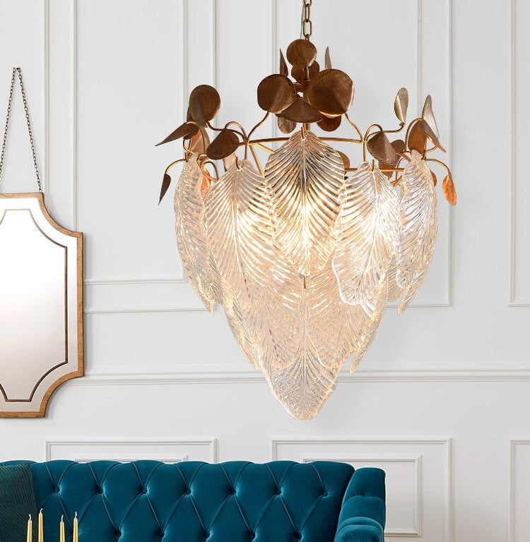 Uster | Glass Leaves Chandelier for Living Room, Transparent