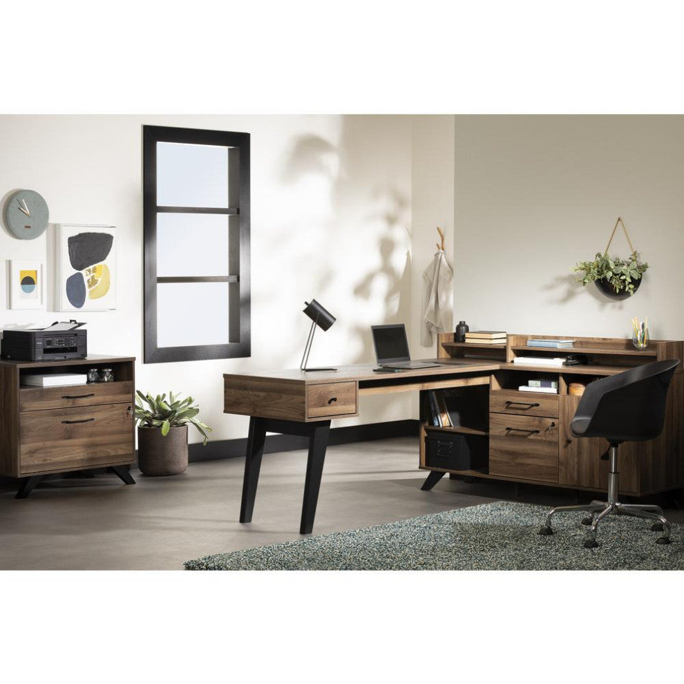 Helsy L-Shaped Desk with Power Bar, Natural Walnut