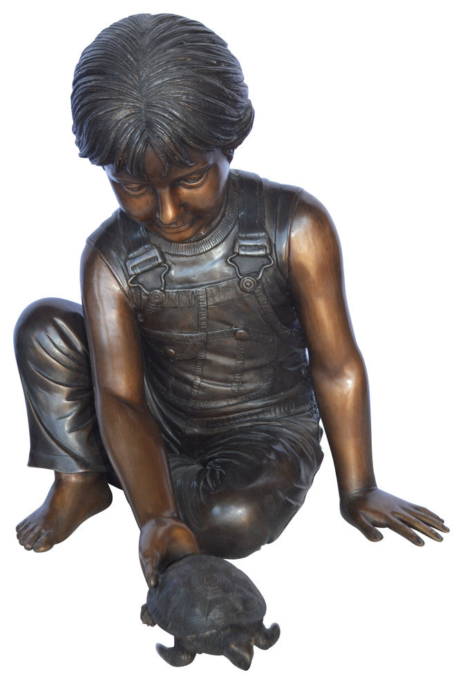 Boy Push Turtle Bronze Statue Fountain  -  Size: 18"L x 20"W x 19"H.