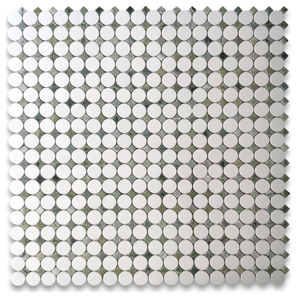 Thassos White Marble Round Mosaic Tile Sagano Vibrant Green Dots, 1 sheet