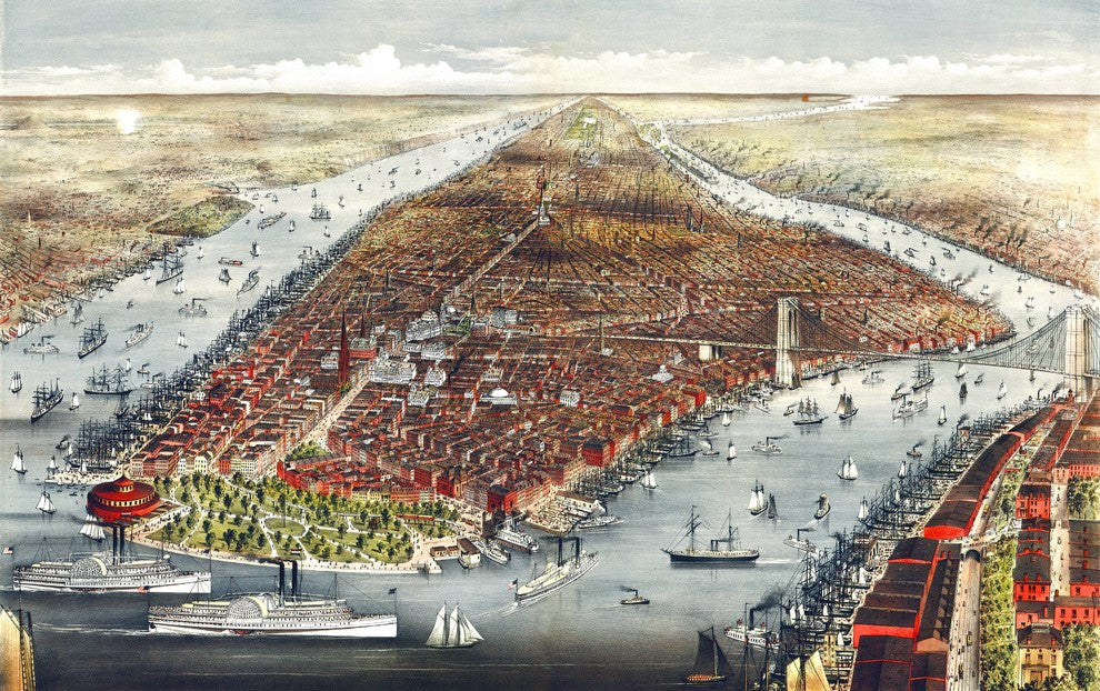 New York City, 1876 Wall Map Mural, Peel and Stick 3-Panel, 107"x67"