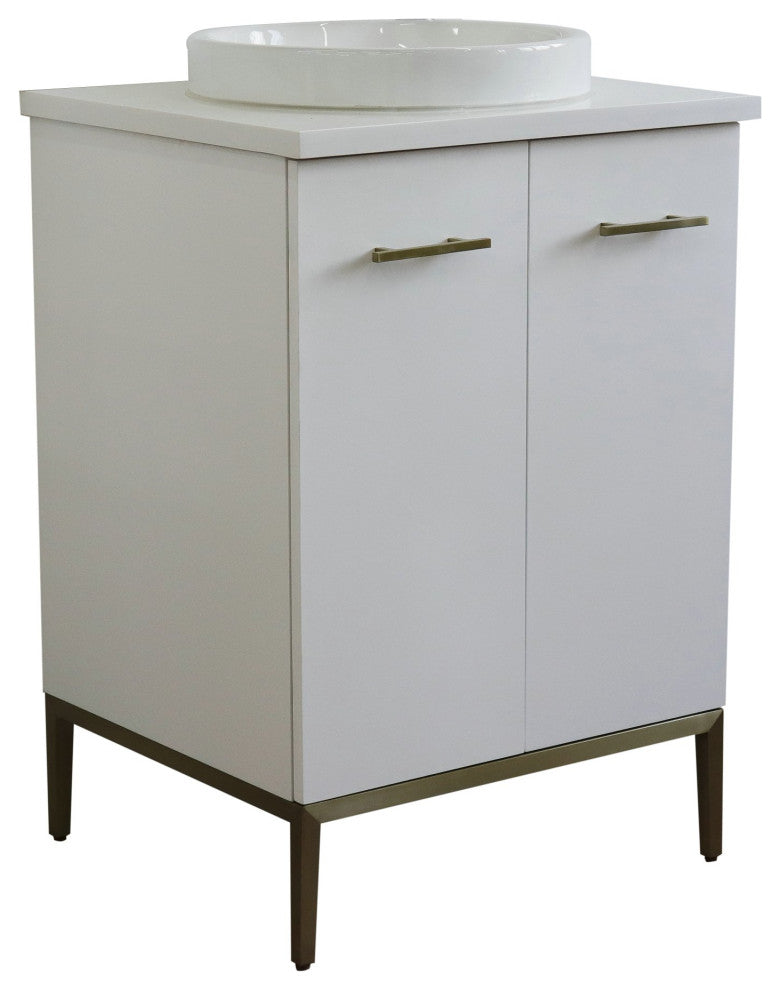 25" Single Sink Vanity, White Finish With Engineered Stone Top And Round Sink