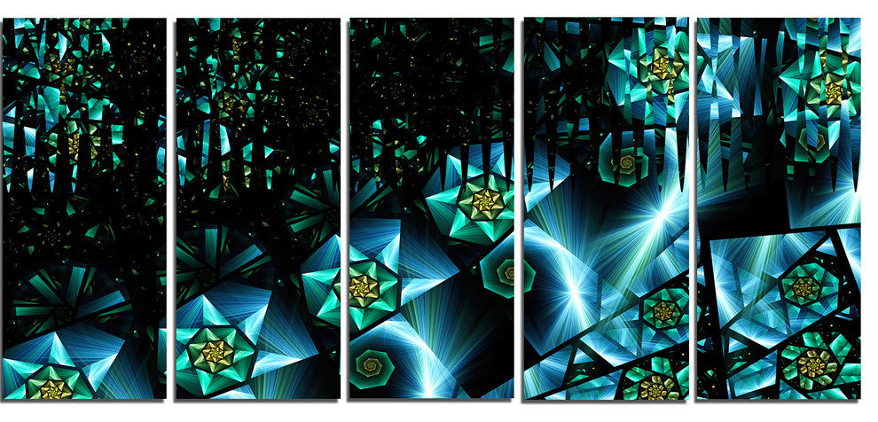 Bright Blue Fractal Flowery Sky, Abstract Wall Art Canvas, 60"x28", 5 Panels