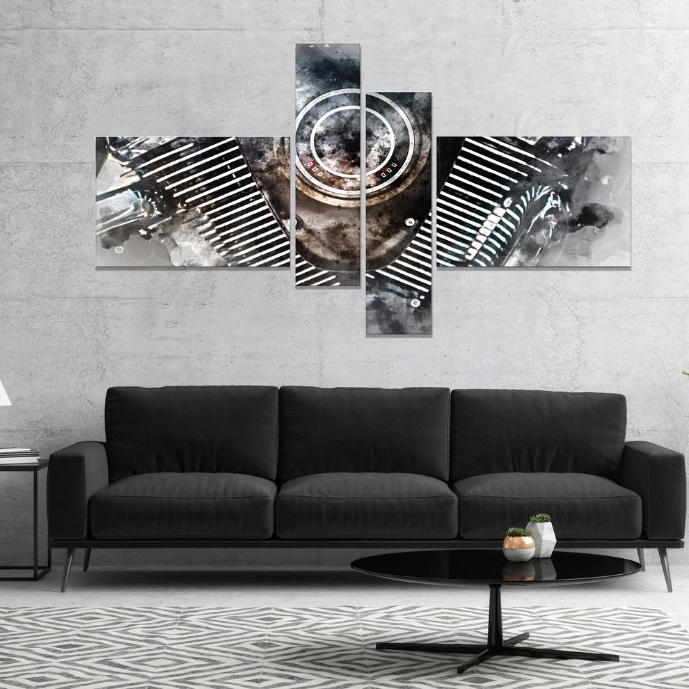 Motorcycle Engine Watercolor, Contemporary Canvas Art Print, 60"x32", 4 panels