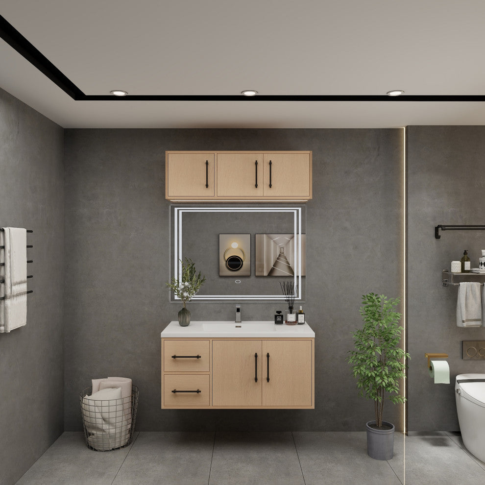 Victoria 42" Solid Wood Bath Vanity, Overhead Cabinet, Yellow Oak