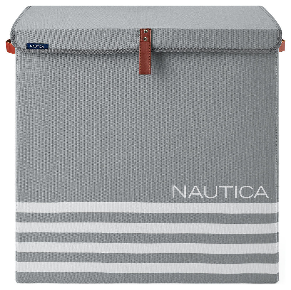 Nautica Folded Divided Hamper with Lid, Gray Stripe