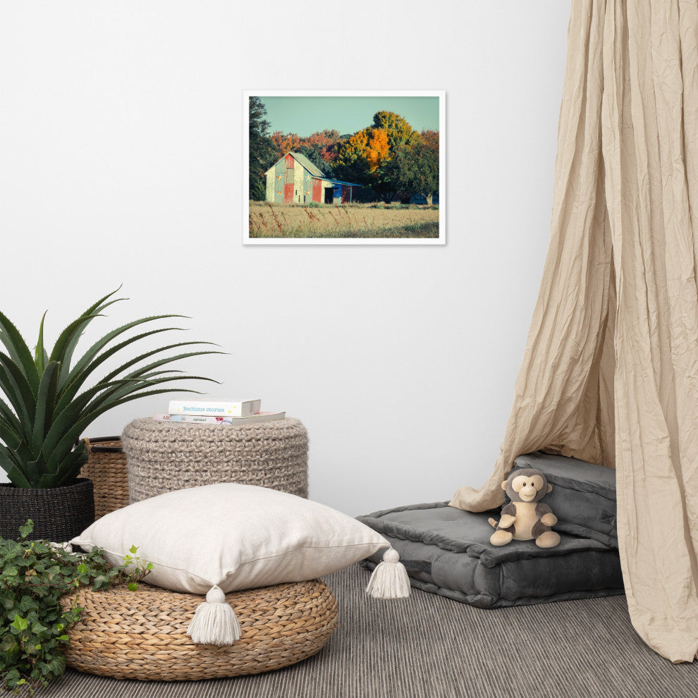 Patriotic Weathered Barn in Field Cross Processed Framed Photo Wall Art Prints, White, 18" X 24"