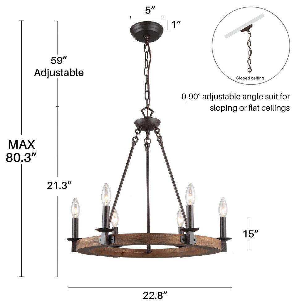 LNC 6-Light Farmhouse Distressed Wood Candle-Style Wagon Wheel Chandelier