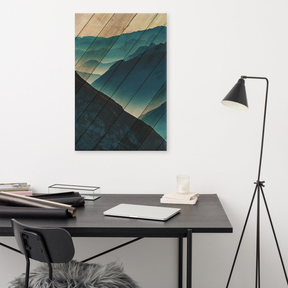 Faux Wood Misty Blue Silhouette Mountains Landscape Canvas Art Print, 24" X 36"