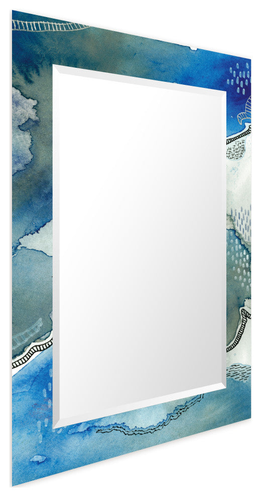 "Subtle Blues" Beveled Mirror on Printed Abstarct Tempered Art Glass, 40x30"