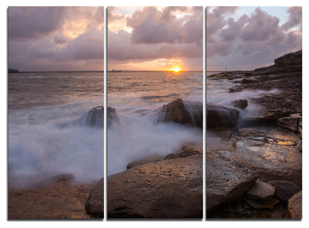 "Waves Hitting Rocks Australia Coastline" Metal Wall Art, 3 Panels, 36"x28"