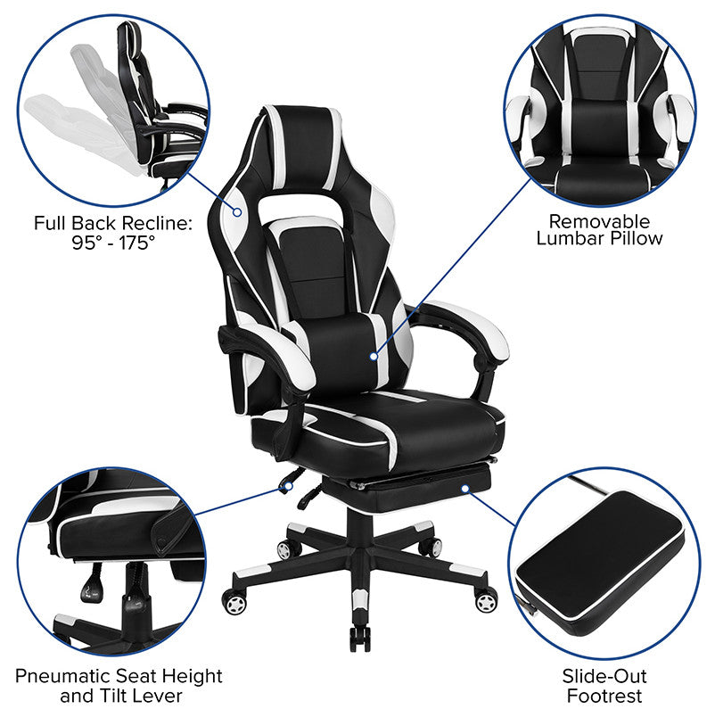 Black Gaming Desk & Reclining Back/Arms Gaming Chair with Footrest, White