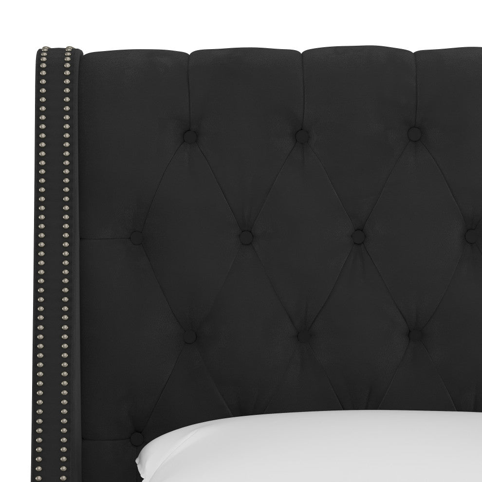Williams King Nail Button Tufted Wingback Platform Bed, Velvet Black