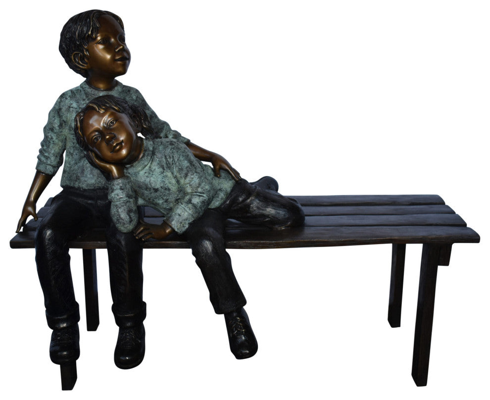 Brother and Sister on A Bench Enjoying Outdoors Bronze Statue 18" x 39" x 33"