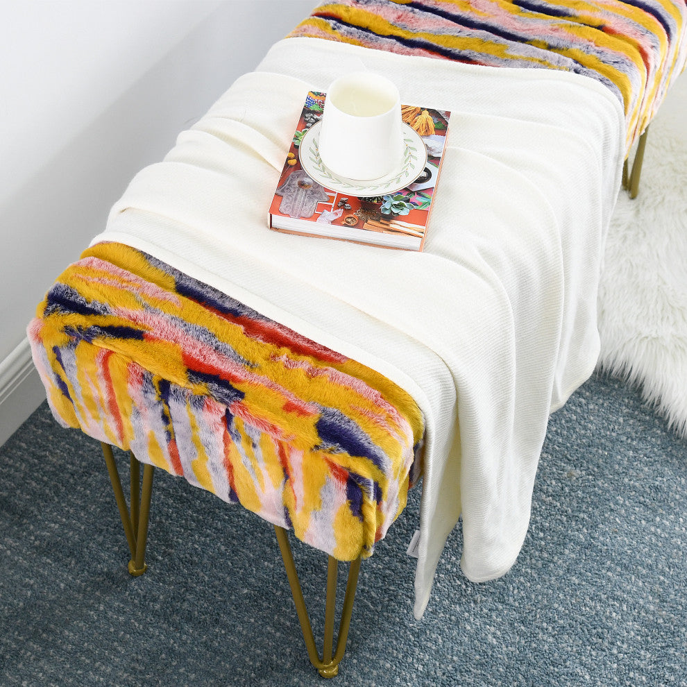 Multi Jacquard Faux Fur Ottoman, Orange, 46"x16"x7"