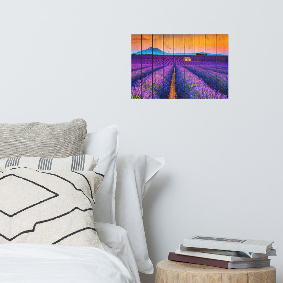 Faux Wood Lavender Fields and Sunset Landscape Unframed Wall Art Prints, 12" X 18"