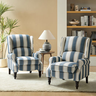 Modern Push-Back Plaid Recliner with Rolled Armrest, Stripe Navy