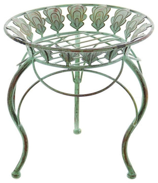 13" Round Metal Plant Stand with Peacock Tail Motif and Curved Legs