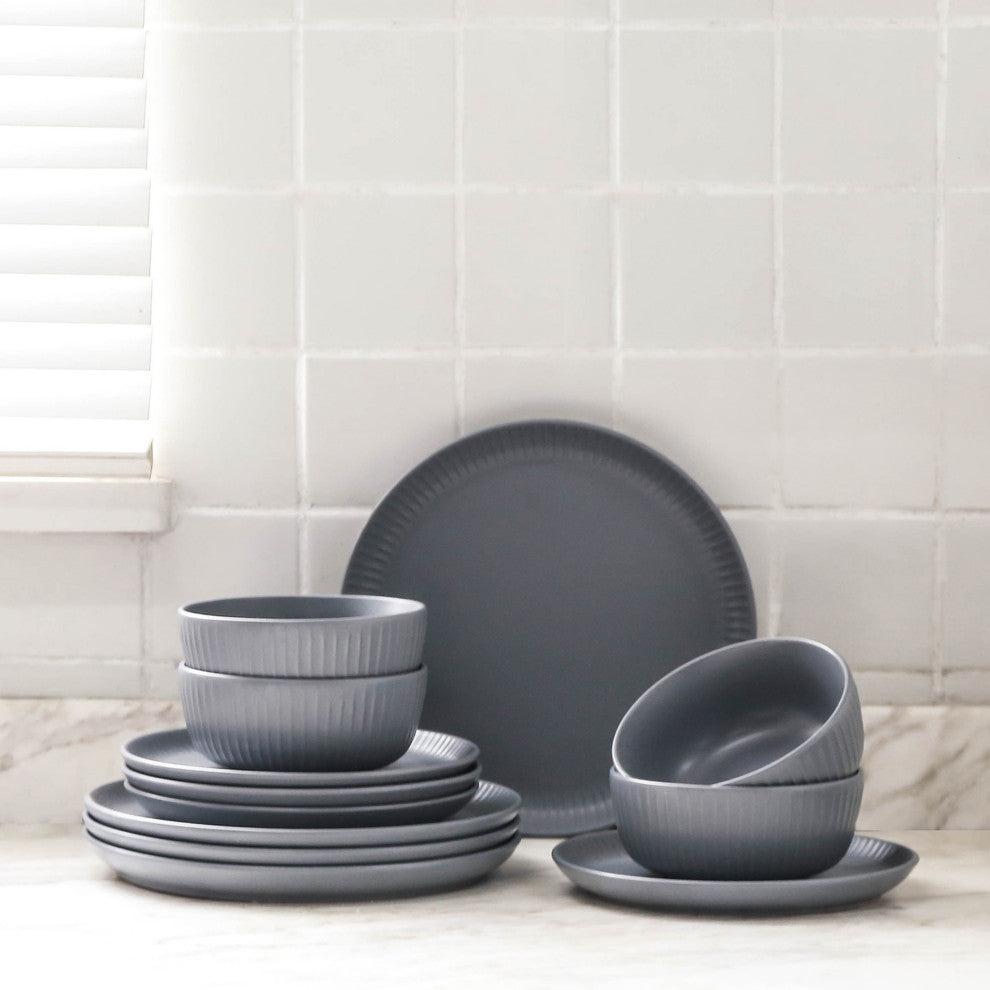 Stone Lain Logan Stoneware 12 Piece Dinnerware Set, Grey