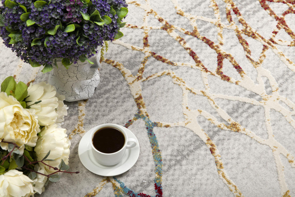 7"x10" Gold and Ivory Abstract Branches Area Rug