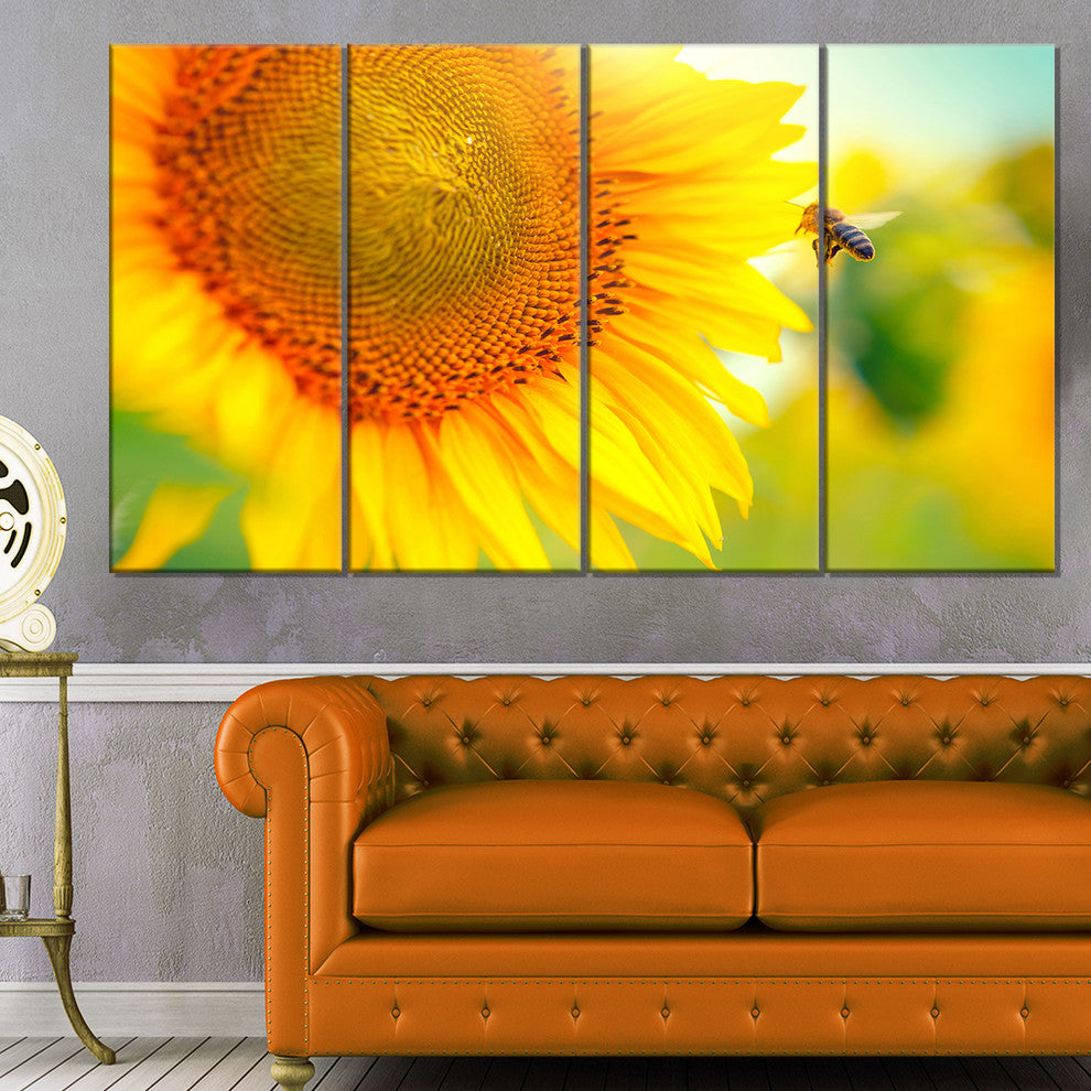 Beautiful Sunflowers Blooming, Large Animal Canvas Art Print, 48"x28", 4 Panels