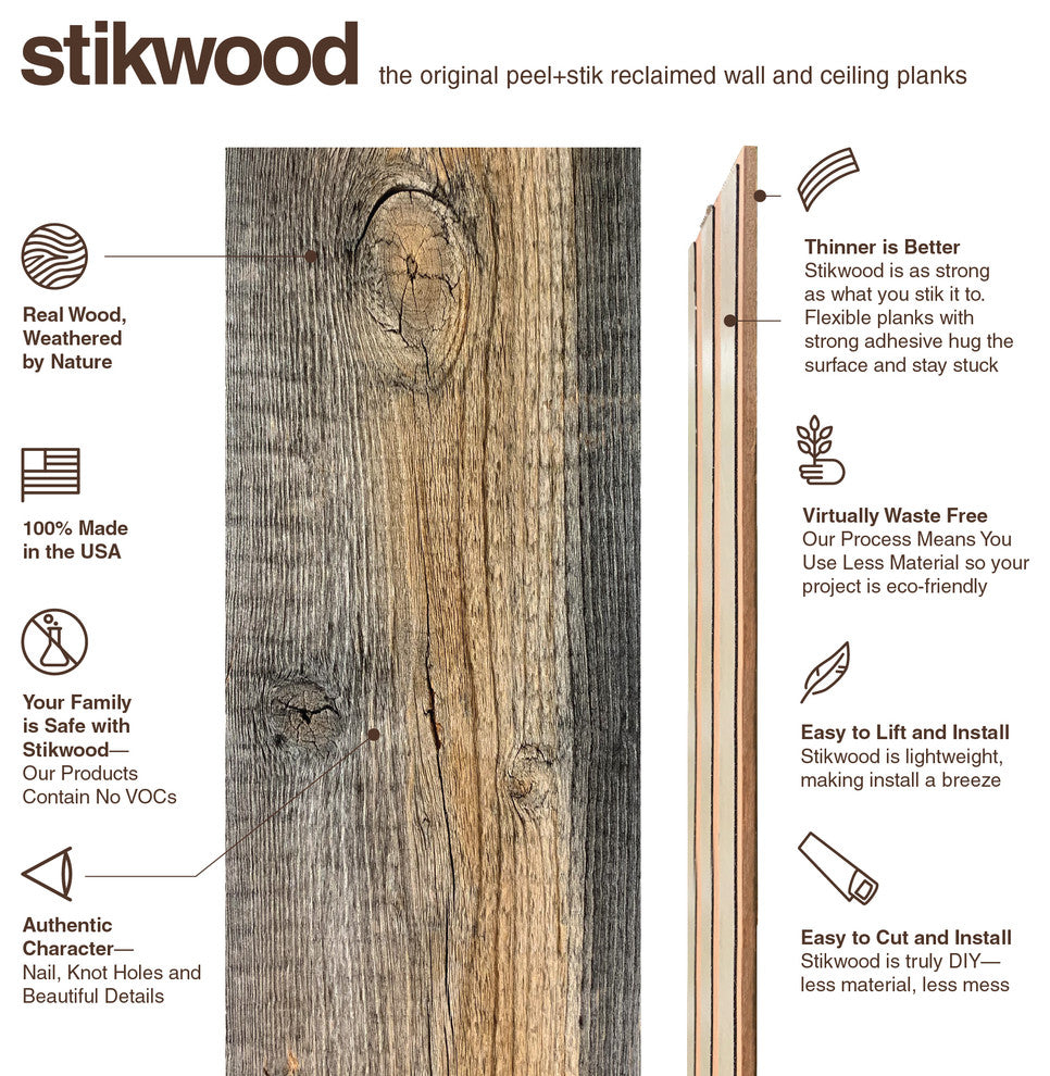 Stikwood Reclaimed Weathered Wood Wall Planks | 20 Sq Ft Pack | Silver and Brown