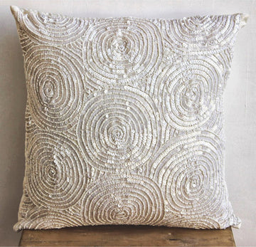 Ivory Art Silk 18"x18" Spiral Sequins Throw Pillows Cover, Ivory Swirls