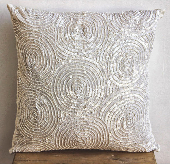 Ivory Art Silk 18"x18" Spiral Sequins Throw Pillows Cover, Ivory Swirls