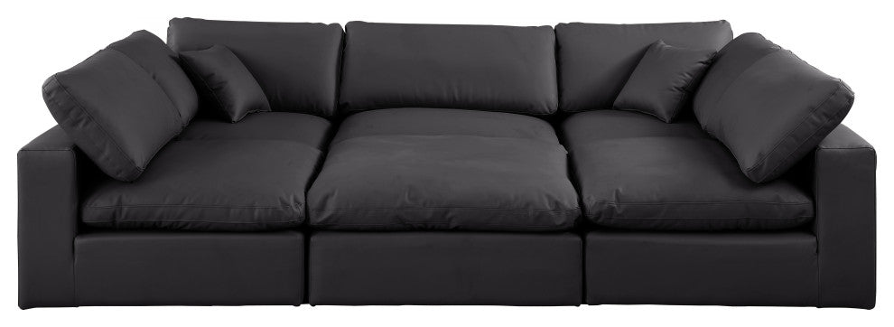 Comfy Upholstered U-Shaped Modular Sectional, Black, 6-Piece: 3 Armless Chair, 2 Corner Chair, 1 Ottoman, Vegan Leather
