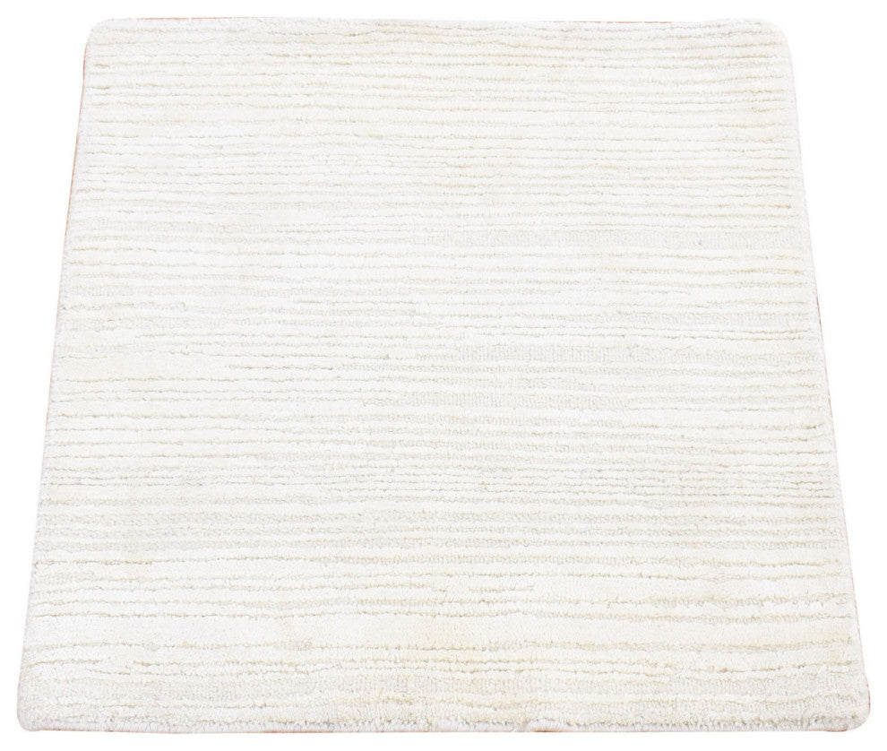 Ivory Modern Stripe Design Hand Loomed Silk With Textured Wool Rug, 2'1"x2'1"