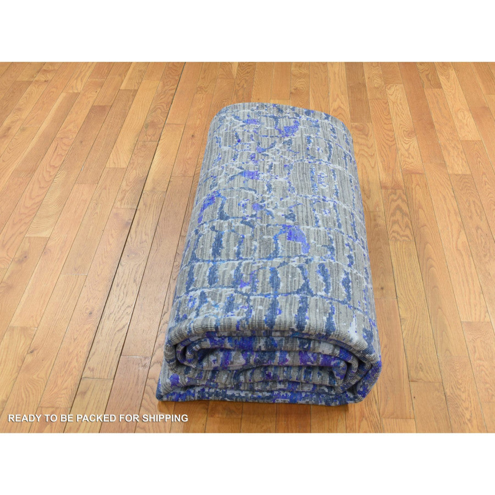 Indigo Color, Diminishing Bricks, Sari Silk, Hand Knotted, Rug, 10'2"x13'10"