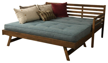 Boho Daybed With Pop Up and Linen Aqua Mattresses, Rustic Walnut