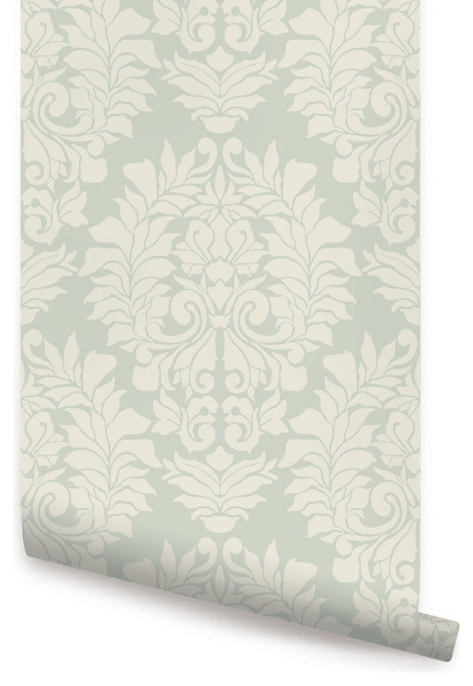 Classic Damask Peel and Stick Vinyl Wallpaper, Sage Green, 24"w X 108"h