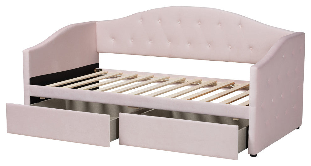 Mansi Modern Light Pink Velvet Fabric Upholstered Twin Size 2-Drawer Daybed