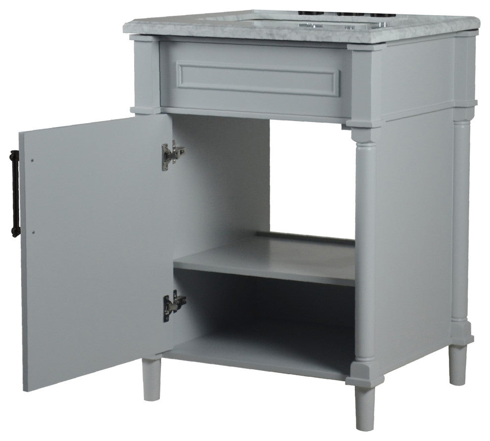 24" Single Vanity, Light Gray With White Carrara Marble Top