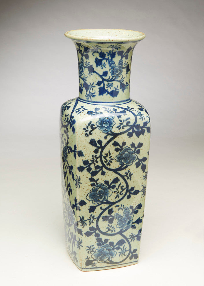 17" Square Antique Speckled Blue and White Vase
