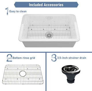 32in Undermount Single Bowl Fireclay Kitchen Sink with Grid and Drainer, Glossy White